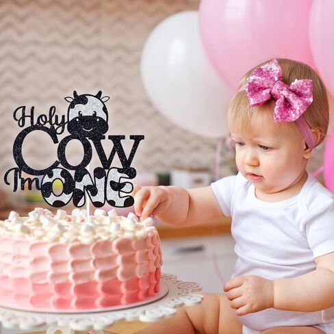 Holy Cow I'm One Cake Topper, Baby 1st Birthday Cake Decor, Cowboy Cowgirl 1st Birthday, Cow Themed First Birthday Party Decorations in Kuwait
