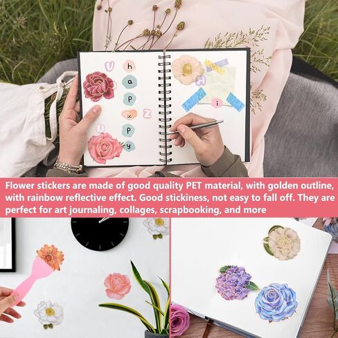 80Pcs Flower Stickers, Scrapbook Supplies,Scrapbook Stickers for Large Floral Stickers for Journaling Supplies Aesthetic with Sticker Scraper Kit Junk Journal in Saudi Arabia