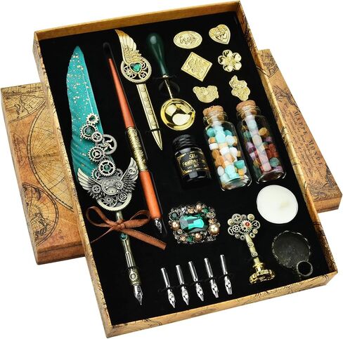 مجموعة أقلام الخط من هيثرون - مجموعة أقلام الريشة والحبر لكتابة قلم الريشة بالحبر الأسود 5 قطع قابلة للاستبدال مناقير الشمع ودبابيس فتاحة الحروف in Kuwait