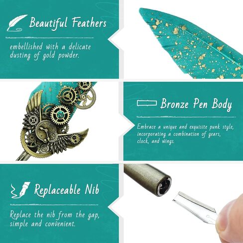 مجموعة أقلام الخط من هيثرون - مجموعة أقلام الريشة والحبر لكتابة قلم الريشة بالحبر الأسود 5 قطع قابلة للاستبدال مناقير الشمع ودبابيس فتاحة الحروف in Kuwait