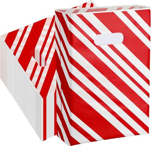 Cholemy 100 Pcs Christmas Merchandise Bags, 9 x 12 Inch Plastic Goodie Bags Red and White Stripe Christmas Bag Christmas Boutique Bags with Handles for Xmas Holiday Carnival Party Favor in Kuwait