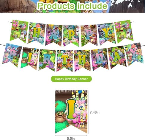 زينة حفلة عيد ميلاد ماي سينغ مونسترز لمستلزمات حفلات لعبة الوحوش الغنائية للاطفال والكبار مع لافتة عيد ميلاد سعيد لتزيين الكيك وبالونات لتزيين الكيك والكب كيك in Kuwait