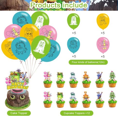 زينة حفلة عيد ميلاد ماي سينغ مونسترز لمستلزمات حفلات لعبة الوحوش الغنائية للاطفال والكبار مع لافتة عيد ميلاد سعيد لتزيين الكيك وبالونات لتزيين الكيك والكب كيك in Kuwait