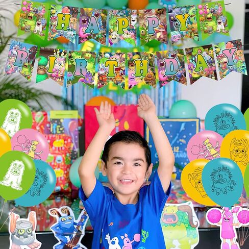 زينة حفلة عيد ميلاد ماي سينغ مونسترز لمستلزمات حفلات لعبة الوحوش الغنائية للاطفال والكبار مع لافتة عيد ميلاد سعيد لتزيين الكيك وبالونات لتزيين الكيك والكب كيك in Kuwait