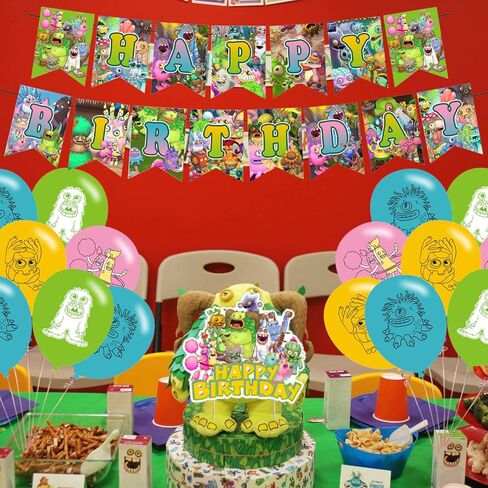زينة حفلة عيد ميلاد ماي سينغ مونسترز لمستلزمات حفلات لعبة الوحوش الغنائية للاطفال والكبار مع لافتة عيد ميلاد سعيد لتزيين الكيك وبالونات لتزيين الكيك والكب كيك in Kuwait