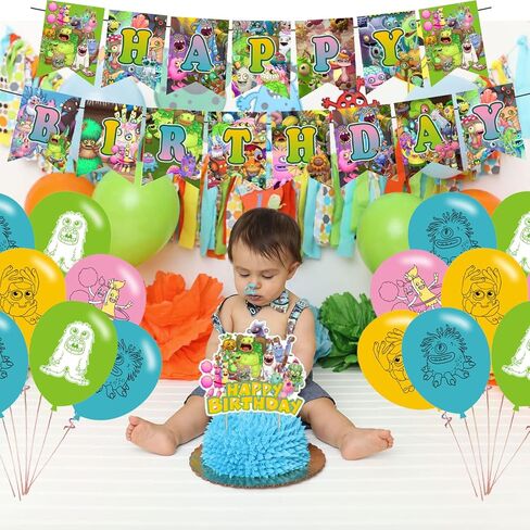 زينة حفلة عيد ميلاد ماي سينغ مونسترز لمستلزمات حفلات لعبة الوحوش الغنائية للاطفال والكبار مع لافتة عيد ميلاد سعيد لتزيين الكيك وبالونات لتزيين الكيك والكب كيك in Kuwait
