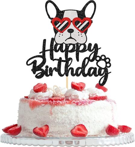 Happy Birthday Glasses French Bulldog Cake Topper, Puppy Happy Birthday Party Cake Supplies, Animal/Pet Puppy Theme Birthday Party Supplies, Black＆Red Glitter in Kuwait