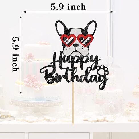 Happy Birthday Glasses French Bulldog Cake Topper, Puppy Happy Birthday Party Cake Supplies, Animal/Pet Puppy Theme Birthday Party Supplies, Black＆Red Glitter in Kuwait