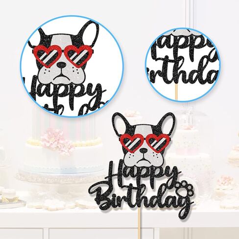 Happy Birthday Glasses French Bulldog Cake Topper, Puppy Happy Birthday Party Cake Supplies, Animal/Pet Puppy Theme Birthday Party Supplies, Black＆Red Glitter in Kuwait