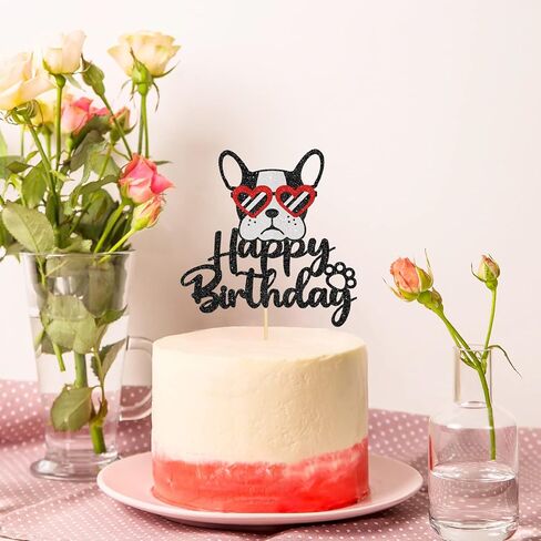 Happy Birthday Glasses French Bulldog Cake Topper, Puppy Happy Birthday Party Cake Supplies, Animal/Pet Puppy Theme Birthday Party Supplies, Black＆Red Glitter in Kuwait