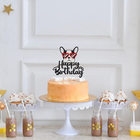 Happy Birthday Glasses French Bulldog Cake Topper, Puppy Happy Birthday Party Cake Supplies, Animal/Pet Puppy Theme Birthday Party Supplies, Black＆Red Glitter in Kuwait