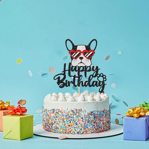 Happy Birthday Glasses French Bulldog Cake Topper, Puppy Happy Birthday Party Cake Supplies, Animal/Pet Puppy Theme Birthday Party Supplies, Black＆Red Glitter in Kuwait