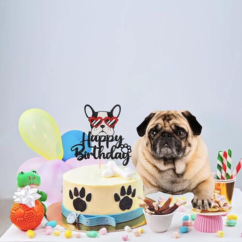 Happy Birthday Glasses French Bulldog Cake Topper, Puppy Happy Birthday Party Cake Supplies, Animal/Pet Puppy Theme Birthday Party Supplies, Black＆Red Glitter in Kuwait