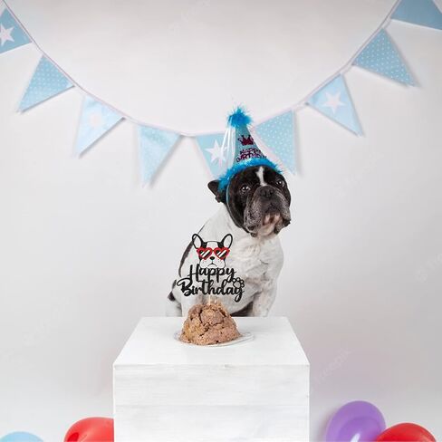 Happy Birthday Glasses French Bulldog Cake Topper, Puppy Happy Birthday Party Cake Supplies, Animal/Pet Puppy Theme Birthday Party Supplies, Black＆Red Glitter in Kuwait