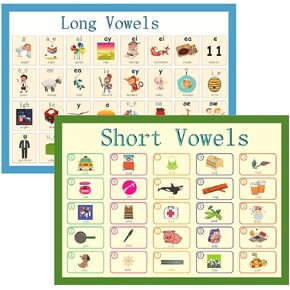 LUGMAZU 2 قطعة/المجموعة مجموعات لوحة إعلانات الصوتيات للفصول الدراسية لرياض الأطفال | ملصقات تعليمية للأطفال ورسوم بيانية جدارية | مخططات حروف العلة الطويلة والقصيرة لديكورات الفصول الدراسية، 16 بوصة × 23.6 بوصة in Kuwait
