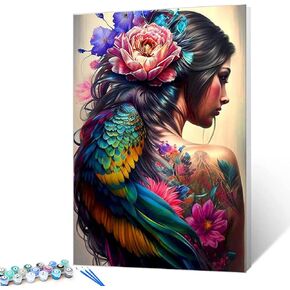 DIY Painting by Numbers for Adults,Women Tattoos Paint by Number on Canvas Easy to Paint for Beginner Flower Tattoos Paint with Pigment and Brushes Artwork for Home Decor Without Frame 16''X20''