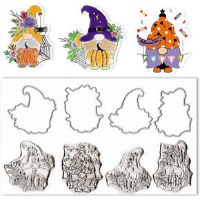 Halloween Gnomes Clear Stamps and Dies for Card Making, Halloween Ghost Rubber Stamps Halloween Elves Gnomes Cutting Dies Sets for Scrapbooking Journaling Crafts Supplies