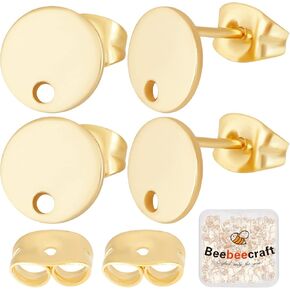 Beebeecraft 1 صندوق 50 زوجًا من أقراط الأذن المستديرة المسطحة 24 قيراط مطلية بالذهب من الفولاذ المقاوم للصدأ مكونات الأذن مع صواميل الأذن للنساء لصنع المجوهرات in Kuwait