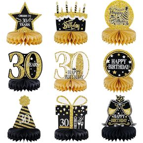 زينة عيد الميلاد الستين، قطعة مركزية على شكل قرص العسل للطاولة، لوازم زينة الحفلات للرجال والنساء بعمر 60 عامًا، زخارف على شكل قرص العسل للرجال والنساء، زينة عيد ميلاد باللونين الأسود والذهبي-9 قطع in Kuwait