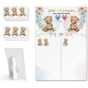 لوحة تصويت على شكل دب مع حامل، ديكورات مركزية لحفلات الكشف عن جنس المولود، 60 ملصق دب للاولاد والبنات لضيوف الحفلات، هو او هي، قم بالتصويت لعبة تخمين in Kuwait