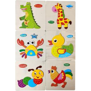 6pcs Wooden Jigsaw Puzzles Early Educational Toys Gift Dinosaur Giraffe Cock Crab Duck Caterpillar