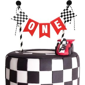 Race Car One Cake Topper - Fast One Birthday Party Decorations, Boys 1st Birthday Cake Topper, Fast One Black And White Checkered Flag Decor, Racing Theme Party Supplies