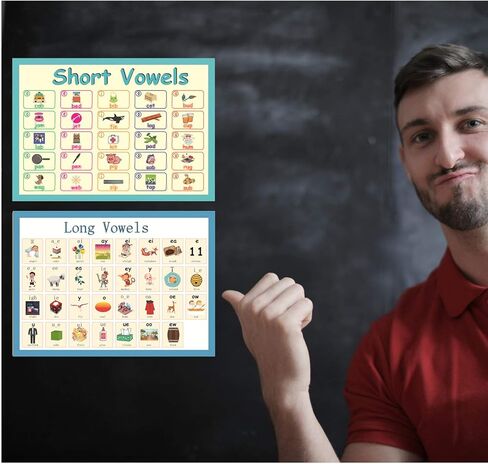 LUGMAZU 2 قطعة/المجموعة مجموعات لوحة إعلانات الصوتيات للفصول الدراسية لرياض الأطفال | ملصقات تعليمية للأطفال ورسوم بيانية جدارية | مخططات حروف العلة الطويلة والقصيرة لديكورات الفصول الدراسية، 16 بوصة × 23.6 بوصة in Kuwait