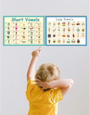 LUGMAZU 2 قطعة/المجموعة مجموعات لوحة إعلانات الصوتيات للفصول الدراسية لرياض الأطفال | ملصقات تعليمية للأطفال ورسوم بيانية جدارية | مخططات حروف العلة الطويلة والقصيرة لديكورات الفصول الدراسية، 16 بوصة × 23.6 بوصة in Kuwait