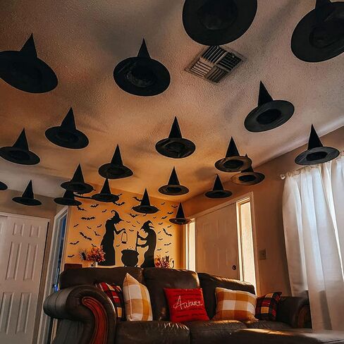 UONMAY 24 Pcs Halloween Black Witch Hats Bulk with Hanging Rope, Outdoor Halloween Decorations Front Porch Floating Witches Hat for Halloween Decor Party Favors in Kuwait