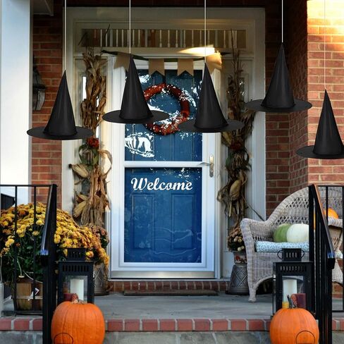 UONMAY 24 Pcs Halloween Black Witch Hats Bulk with Hanging Rope, Outdoor Halloween Decorations Front Porch Floating Witches Hat for Halloween Decor Party Favors in Kuwait