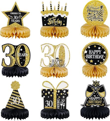 زينة عيد الميلاد الستين، قطعة مركزية على شكل قرص العسل للطاولة، لوازم زينة الحفلات للرجال والنساء بعمر 60 عامًا، زخارف على شكل قرص العسل للرجال والنساء، زينة عيد ميلاد باللونين الأسود والذهبي-9 قطع in Kuwait