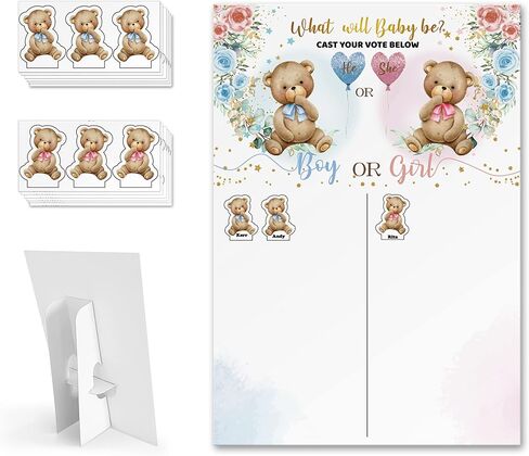لوحة تصويت على شكل دب مع حامل، ديكورات مركزية لحفلات الكشف عن جنس المولود، 60 ملصق دب للاولاد والبنات لضيوف الحفلات، هو او هي، قم بالتصويت لعبة تخمين in Kuwait