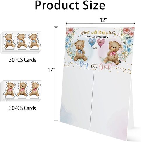 لوحة تصويت على شكل دب مع حامل، ديكورات مركزية لحفلات الكشف عن جنس المولود، 60 ملصق دب للاولاد والبنات لضيوف الحفلات، هو او هي، قم بالتصويت لعبة تخمين in Kuwait