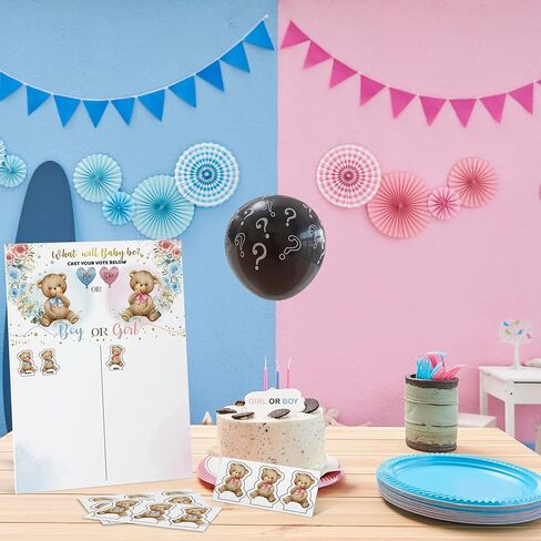 لوحة تصويت على شكل دب مع حامل، ديكورات مركزية لحفلات الكشف عن جنس المولود، 60 ملصق دب للاولاد والبنات لضيوف الحفلات، هو او هي، قم بالتصويت لعبة تخمين in Kuwait