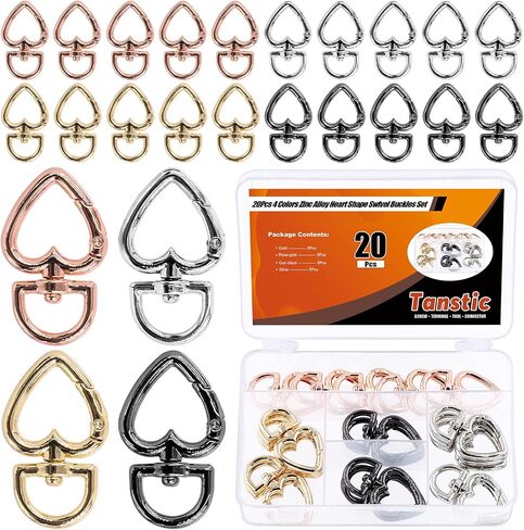 Tanstic 20Pcs 4 Colors Heart Shape Keychain Clip, Zinc Alloy Swivel Lobster Clasps Trigger Spring Buckles Keyring Hanging Buckle, Swivel Spring Snap Hook for Keychains(Gold/Silver/Rose Gold/Gun Black) in Saudi Arabia