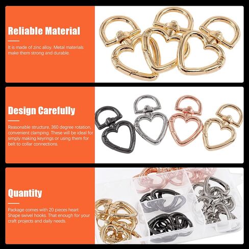 Tanstic 20Pcs 4 Colors Heart Shape Keychain Clip, Zinc Alloy Swivel Lobster Clasps Trigger Spring Buckles Keyring Hanging Buckle, Swivel Spring Snap Hook for Keychains(Gold/Silver/Rose Gold/Gun Black) in Saudi Arabia