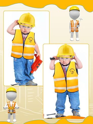 Puteraya 9 Pcs Kids Construction Costume Engineer Dress Up Set Construction Vest Hard Hat Goggles for Kids Halloween Cosplay in Kuwait