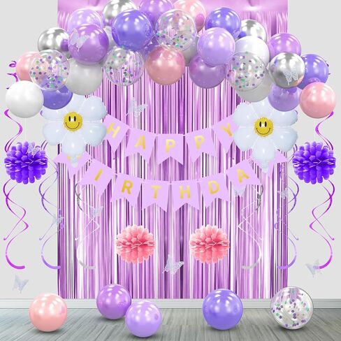 Birthday Decoration for Girls Women, Pink Purple Birthday Party Decorations, Daisy Balloon Arch Kit including Happy Birthday Banner,Foil Curtain Backdrop,Butterfly Sticker,Hanging Swirl,Paper Flowers in Saudi Arabia
