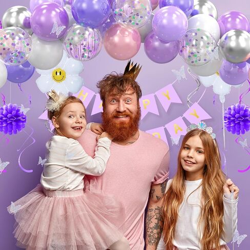 Birthday Decoration for Girls Women, Pink Purple Birthday Party Decorations, Daisy Balloon Arch Kit including Happy Birthday Banner,Foil Curtain Backdrop,Butterfly Sticker,Hanging Swirl,Paper Flowers in Saudi Arabia