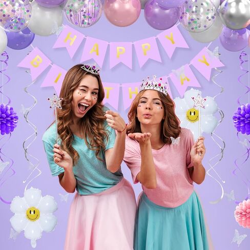 Birthday Decoration for Girls Women, Pink Purple Birthday Party Decorations, Daisy Balloon Arch Kit including Happy Birthday Banner,Foil Curtain Backdrop,Butterfly Sticker,Hanging Swirl,Paper Flowers in Saudi Arabia