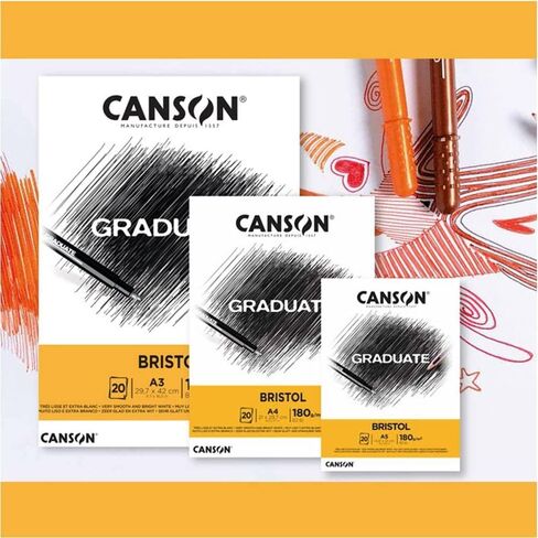 CANSON Graduate Bristol 180gsm A3 Paper, Very Smooth, Pad Glued Short Side, 20 Bright White Sheets, Ideal for Student Artists in Saudi Arabia