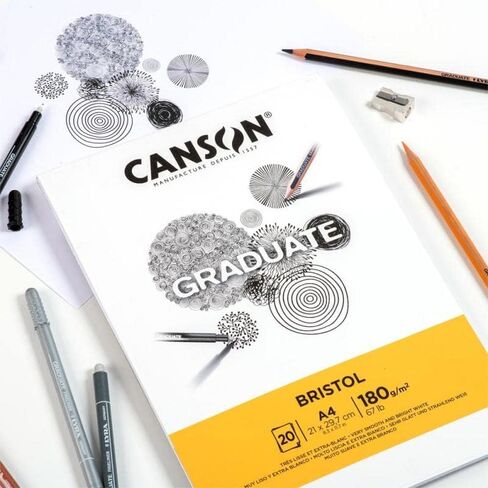 CANSON Graduate Bristol 180gsm A3 Paper, Very Smooth, Pad Glued Short Side, 20 Bright White Sheets, Ideal for Student Artists in Saudi Arabia