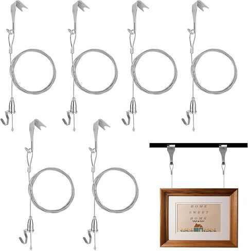 Picture Hanging Kit - 6 Pack Heavy Duty 88 lbs Picture Wire Hangers with Rail Hooks, Stainless Steel Frame Hanger Wire Hardware, Flexible Adjustable & No Wall Damage, 39.37'' L for Art in Kuwait