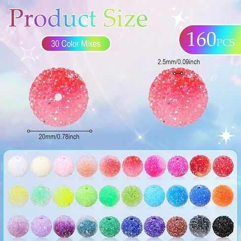 XunYee 160 Pcs 20mm Rhinestone Beads Bulk Mixed Round Disco Ball Beads Crystal Resin Rhinestone 20mm Beads for Beadable Pens DIY Bracelet Necklace Earring Jewelry Making, 30 Colors in Saudi Arabia