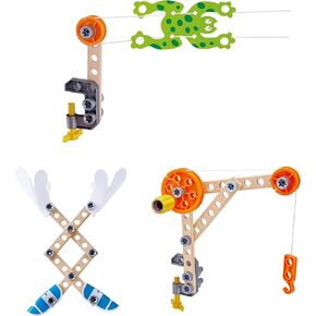 Hape Three Experiment Kit | Junior Inventor Kids Physics Mechanical Crane, Grabber & Climbing Frog Play Set for Children Aged Four & Up