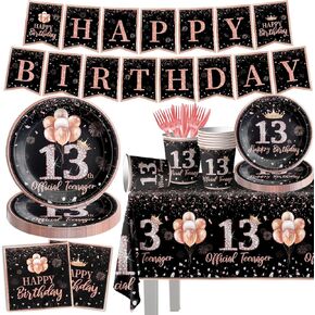 142Pcs 13th Birthday Tableware Decorations for Girls Rose Gold Happy 13 Birthday Party Supplies for Her Disposable Tablecloth,Plates,Napkins,Cups,Forks and Knives for 13th Birthday Party