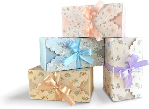 علب هدايا MintieJamie مع أشرطة 24 عبوة مقاس 4x4x8 بوصة، تصميم مطبوع عليه زهور عتيقة وأنيقة لجميع الأحداث والمناسبات، تصميمات متنوعة (محايدة ناعمة) in Kuwait