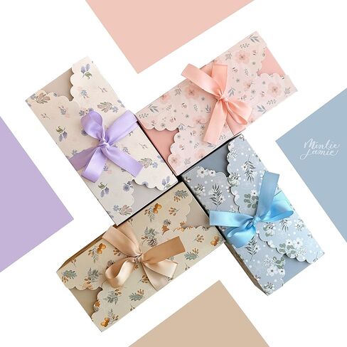 علب هدايا MintieJamie مع أشرطة 24 عبوة مقاس 4x4x8 بوصة، تصميم مطبوع عليه زهور عتيقة وأنيقة لجميع الأحداث والمناسبات، تصميمات متنوعة (محايدة ناعمة) in Kuwait