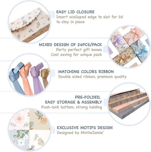 علب هدايا MintieJamie مع أشرطة 24 عبوة مقاس 4x4x8 بوصة، تصميم مطبوع عليه زهور عتيقة وأنيقة لجميع الأحداث والمناسبات، تصميمات متنوعة (محايدة ناعمة) in Kuwait