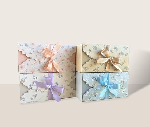 علب هدايا MintieJamie مع أشرطة 24 عبوة مقاس 4x4x8 بوصة، تصميم مطبوع عليه زهور عتيقة وأنيقة لجميع الأحداث والمناسبات، تصميمات متنوعة (محايدة ناعمة) in Kuwait